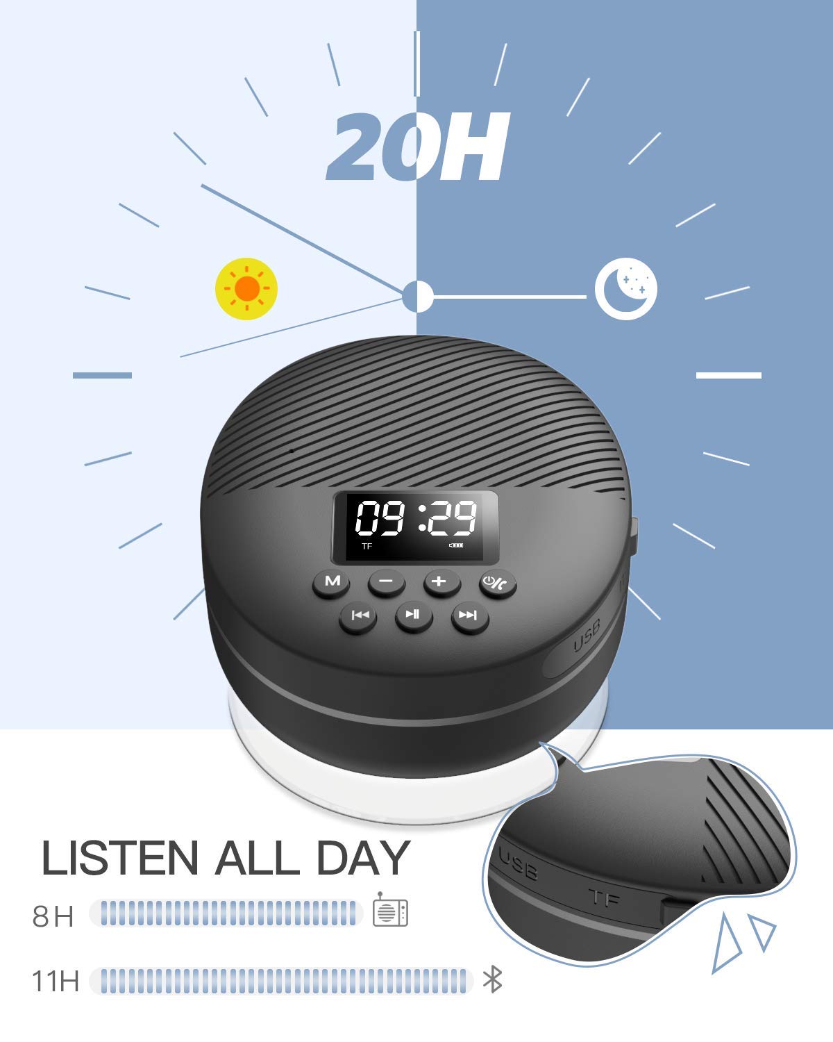 Waterproof Shower Speaker, AGPTEK Waterproof Bluetooth Speaker, Shower Radio with Bluetooth 5.0, LED Screen, Suction Cup, Support TF Card, Built-in MIC for Bathroom, Shower, Beach, Outdoor, Indoor