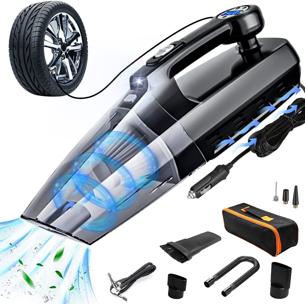 4-in-1 Car Vacuum Cleaner Tire Inflator - Portable High Power Handheld Car Vacuum Cleaner 7000PA/130W/DC 12V with LCD Tire Pressure Display LED Light Wet/Dry Air Compressor
