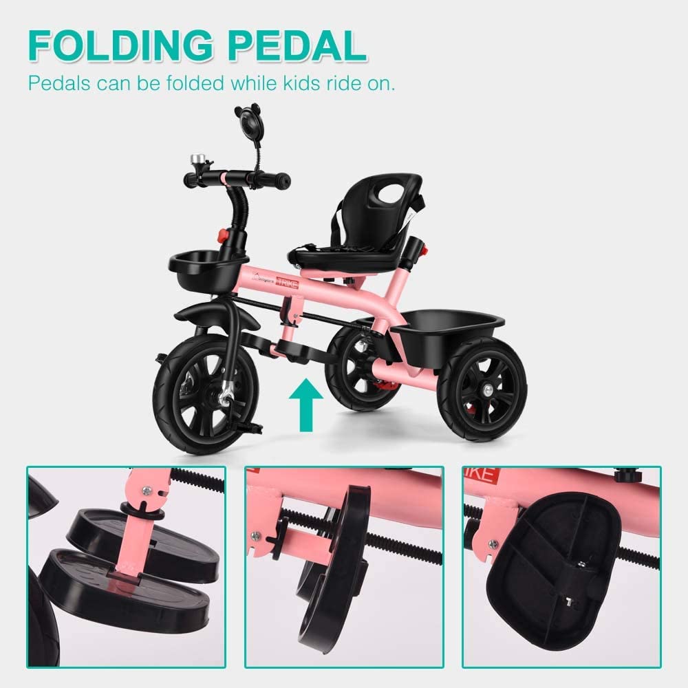 Pink Push Along Tricycle Baby Toddler Trike Bike 3 Wheel Ride On Toy Children Infant Parent Handle Comfortable Seat Large Foldable Pedal