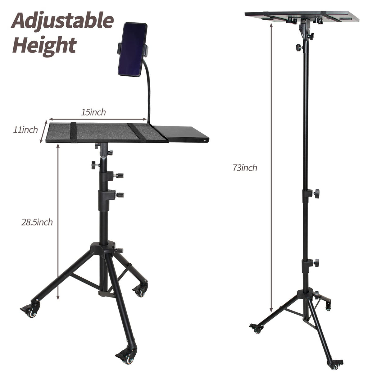 Universal Projector Stand Bracket with Wheels- - Laptop Tripod Adjustable Height 28.5 to 73 Inch with Removable Mouse Tray and Phone Holder, DJ Racks ,Outdoor Movies or Computer Desk Stand