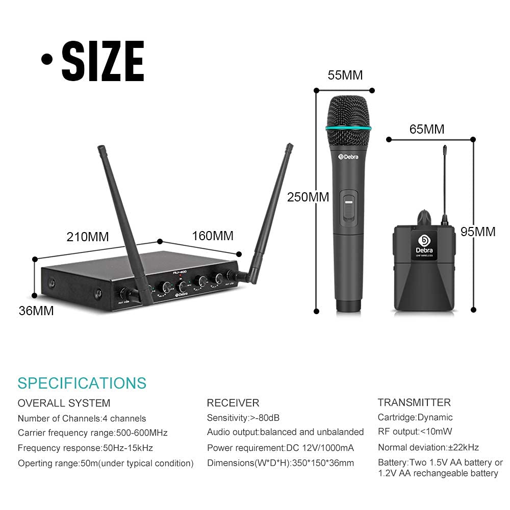 Debra Audio AU400 4-Channel UHF Microphone System – 4 Handheld Mics