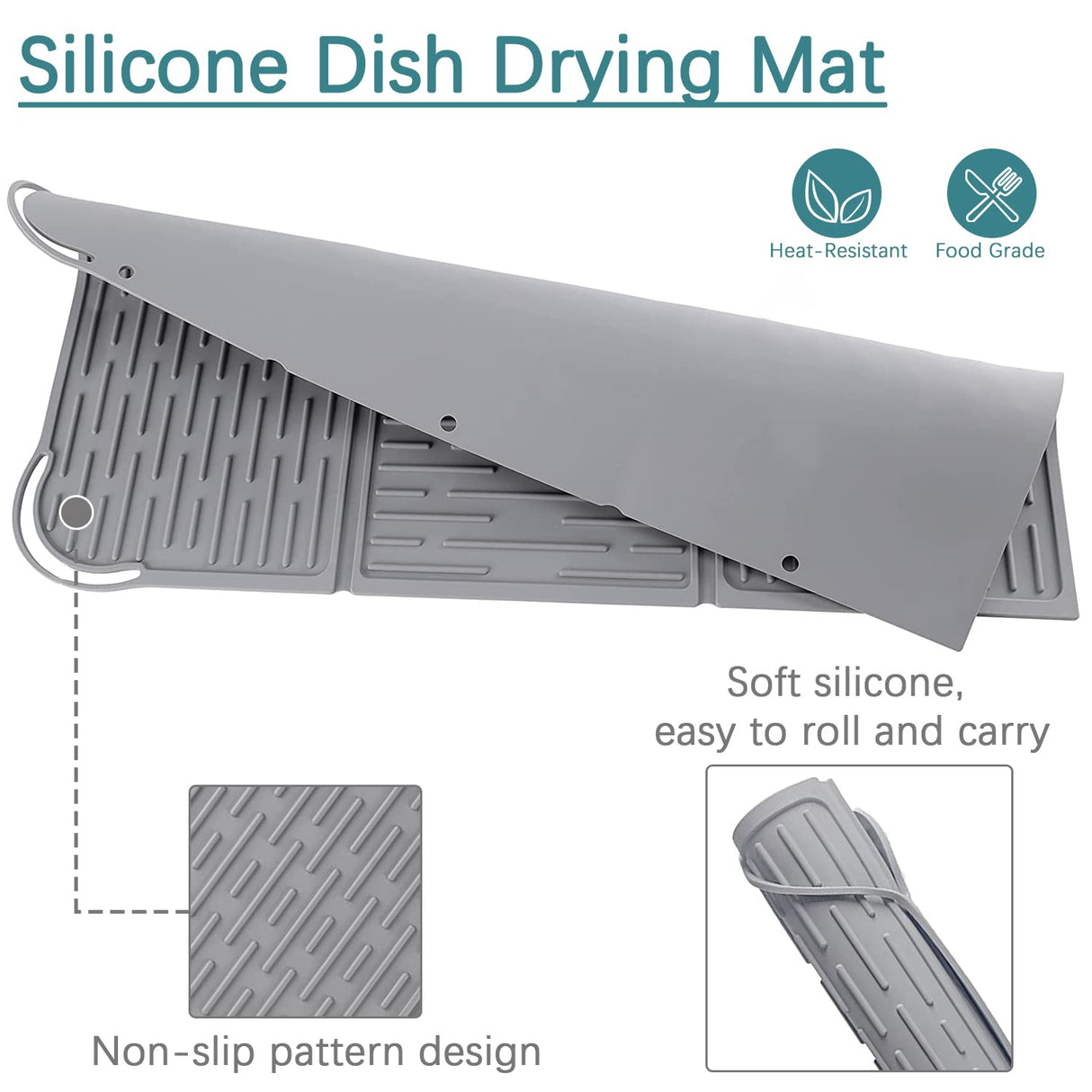 Silicone Mat Dish Drying Mat Silicon Draining Mat Folding Dish Drying Mat Tri-fold Drying Mat Grey Anti-Skidding for Kitchen 24”x13”