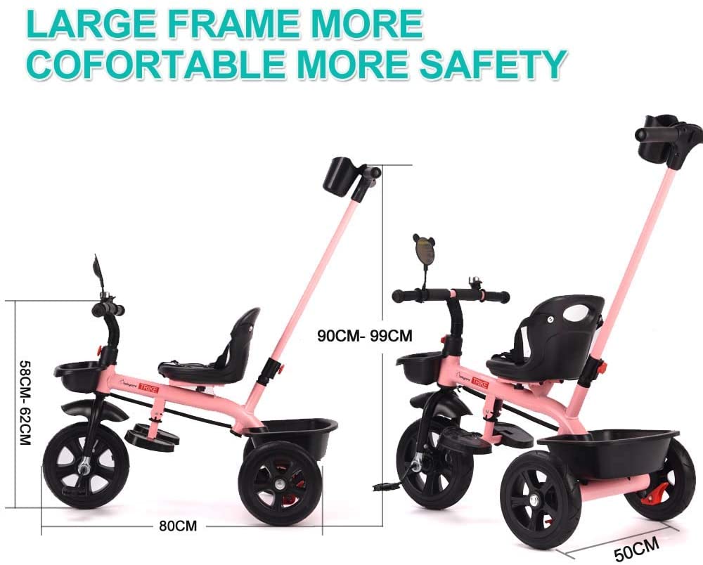 Pink Push Along Tricycle Baby Toddler Trike Bike 3 Wheel Ride On Toy Children Infant Parent Handle Comfortable Seat Large Foldable Pedal