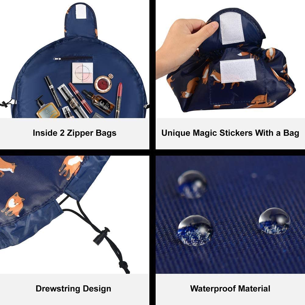 Portable Lazy Drawstring Makeup Bag Travel Cosmetic Bag Pouch Toiletry Organizer Waterproof Large for Women and Girls (Gold Fox)