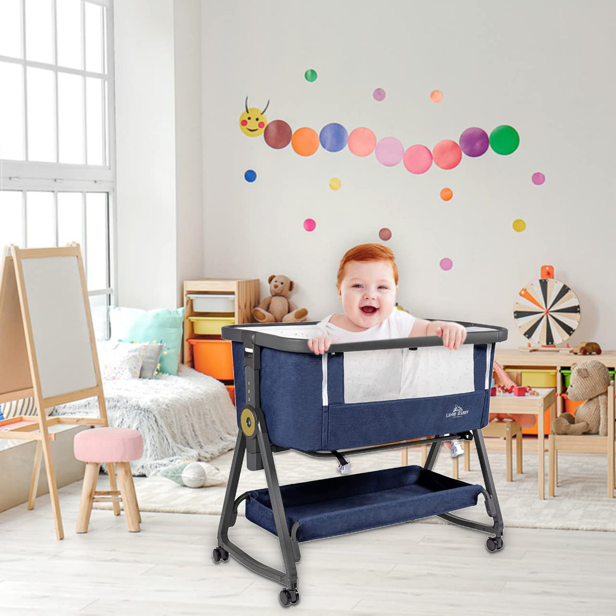 Baby bassinette with Mattress, Rocking Crib Co-Sleeping Cradle with Mosquito net (Blue)