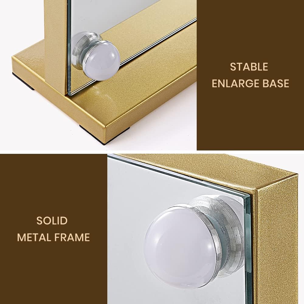 Hollywood LED Mirrors Vanity Makeup Mirror with Lights Stand Wall Mounted, Smart Touch Control Screen, 15 Dimmable LED Light Stable Base Gold, 60x52cm