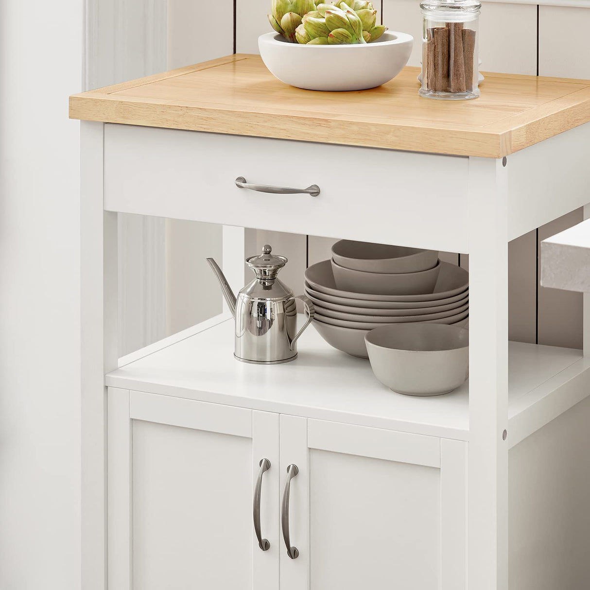 Kitchen Trolley Cart Storage Trolley Serving Trolley Kitchen Cabinet with Rubber Wood Worktop