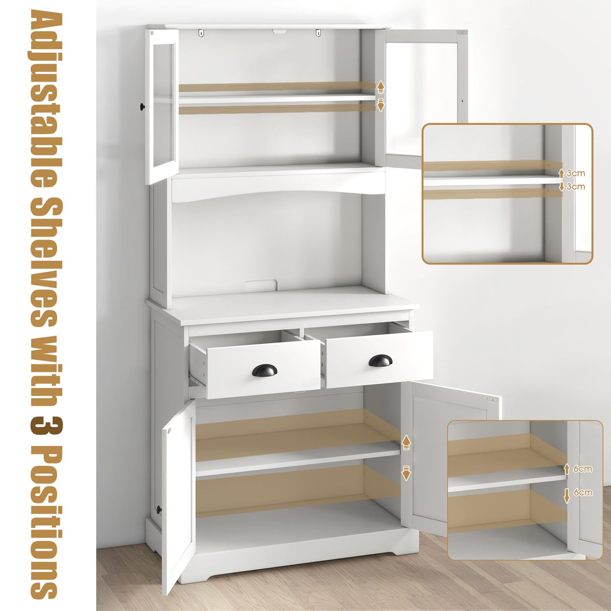 Tall Storage Cabinet, Freestanding Kitchen Pantry w/Microwave Stand & 2 Drawers, Adjustable Shelves, Tempered Glass Doors, Cable Hole for Living Room, Dining Room (White)