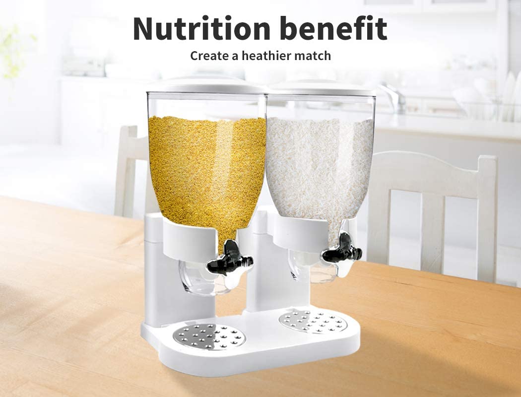 Double Cereal Dispenser Dry Food Storage Container Dispense Machine White White