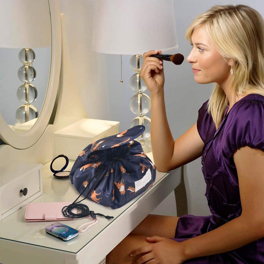 Portable Lazy Drawstring Makeup Bag Travel Cosmetic Bag Pouch Toiletry Organizer Waterproof Large for Women and Girls (Gold Fox)