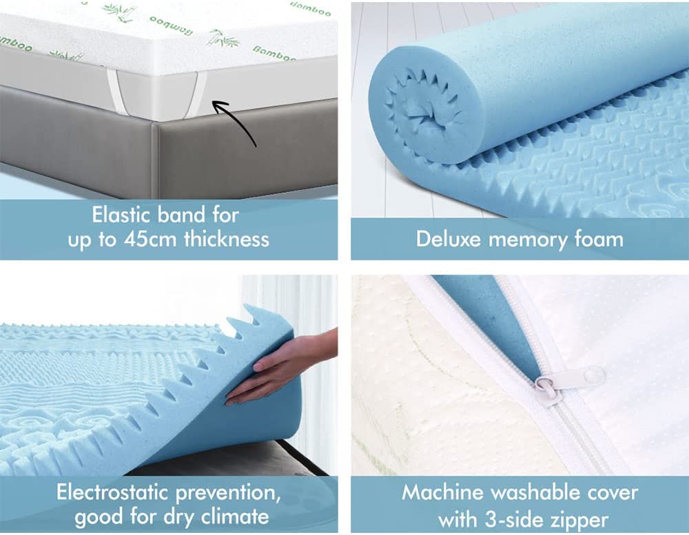 Memory Foam Mattress Topper with Bamboo Cover Cool Gel Infused 7 Zone 5cm Thickness Beddings Bed Topper Mat Pad with 8-Year Warranty