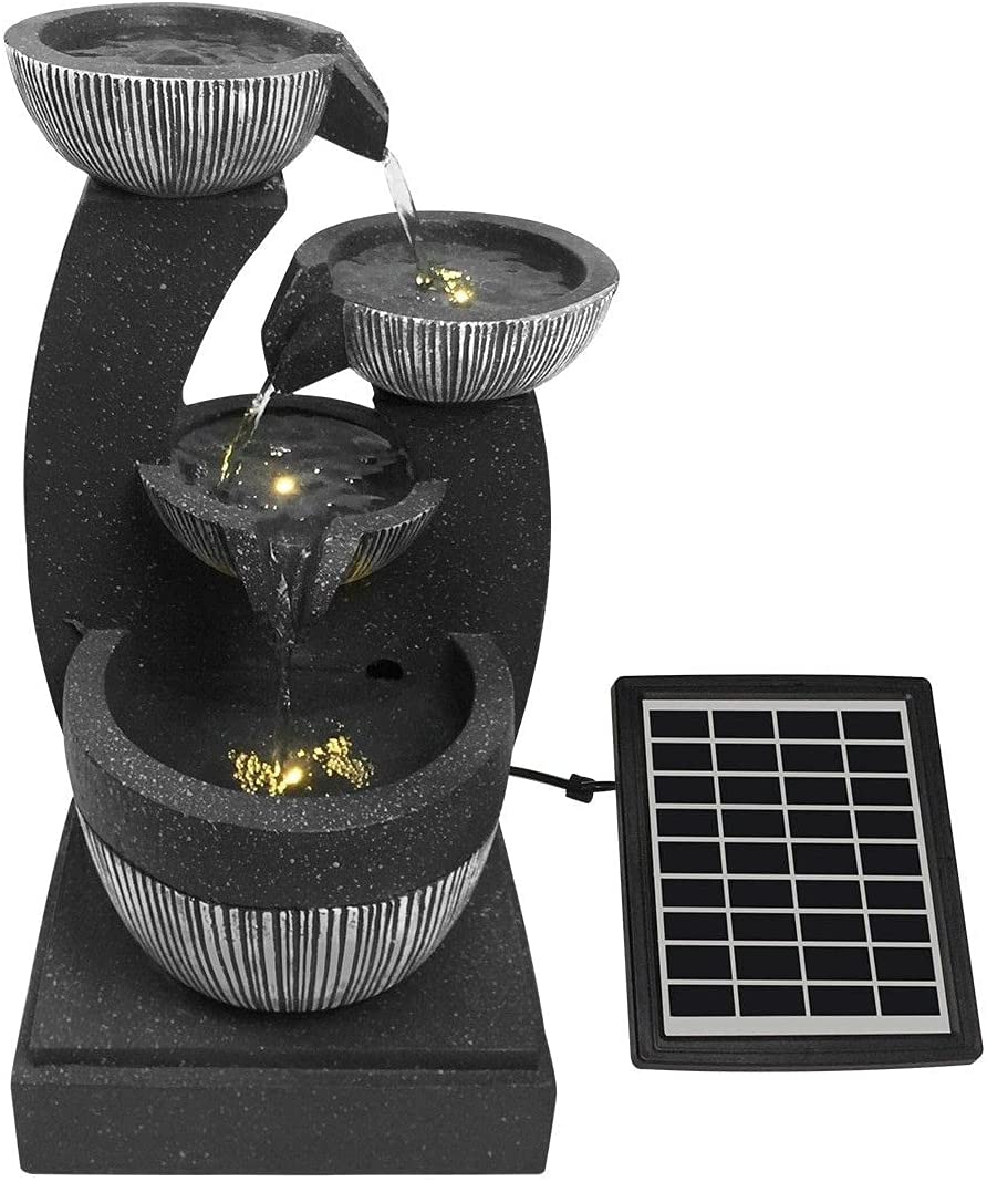 4-Tier Solar Water Fountain Garden Features Outdoor Indoor Bird Bath with LED Light Grey