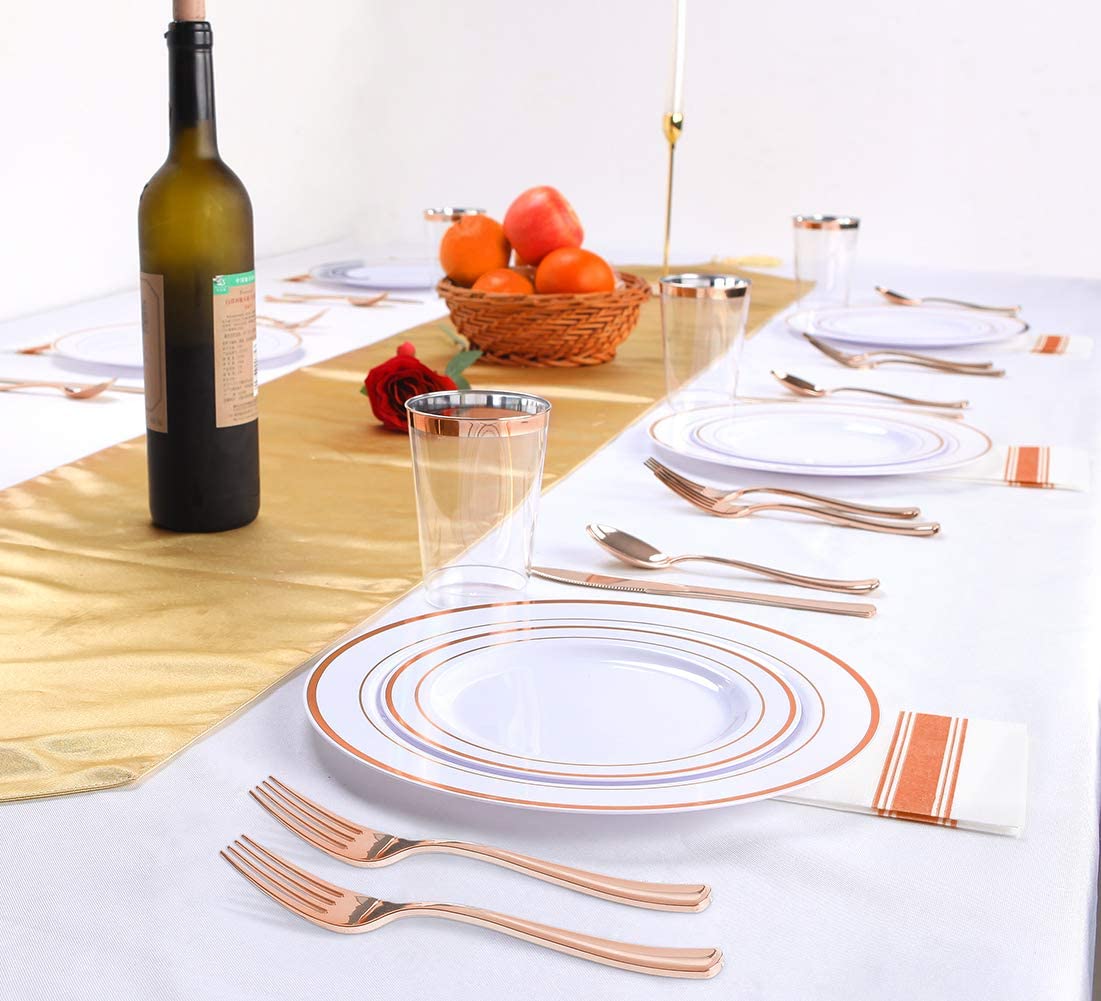 200 Pieces Disposable Dinnerware Set Include Rose Gold Plastic Plates, Rose Gold Silverware, Rose Gold Cups, Linen Like Paper Napkins, Service for 25 Guests, Enjoylife (Rose Gold)