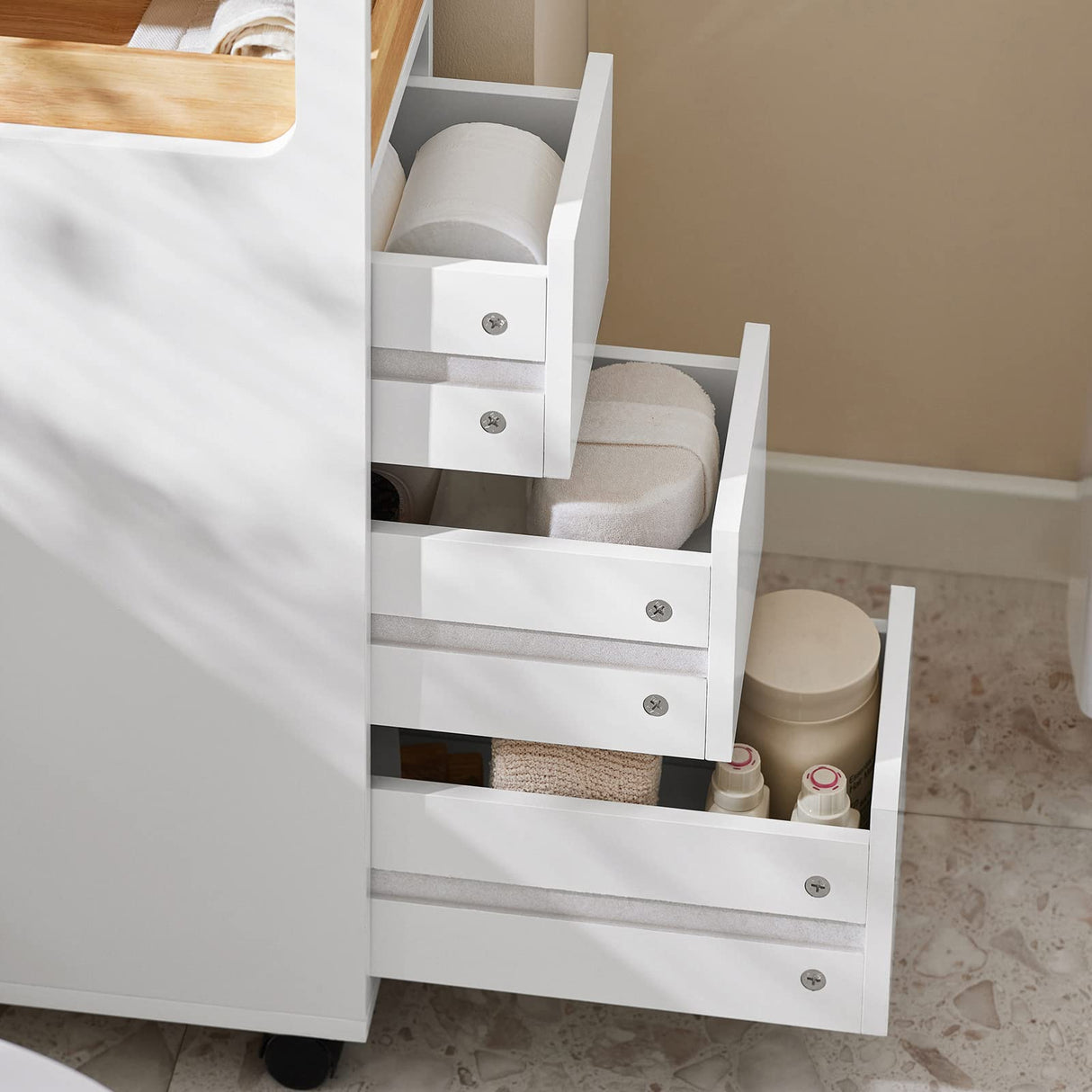 Storage Cart Narrow Cabinet on Wheels Storage Cabinet with 1 Removable Tray and 3 Drawers