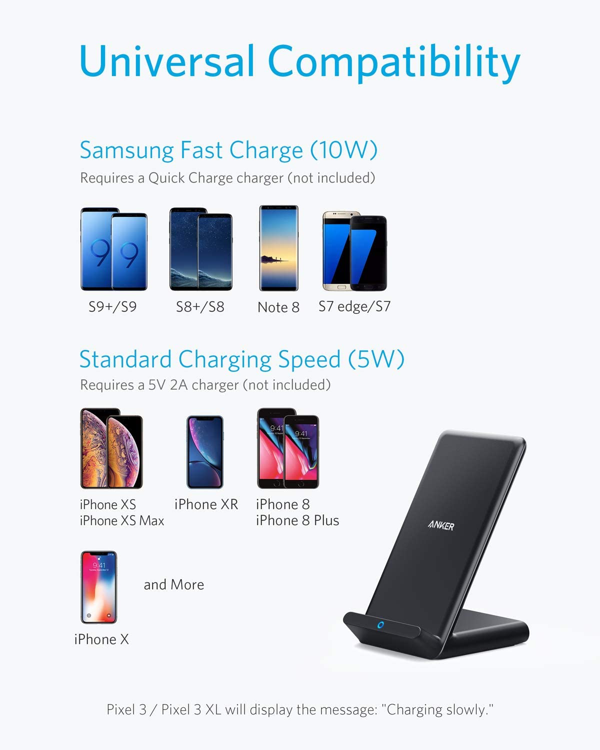 Anker Fast Wireless Charger, 10W Wireless Charging Stand, Qi-Certified, Compatible iPhone XR/Xs Max/XS/X/8/8 Plus, Fast-Charging Galaxy S9/S9+/S8/S8+/Note 9 and More, PowerWave Stand (No AC Adapter)