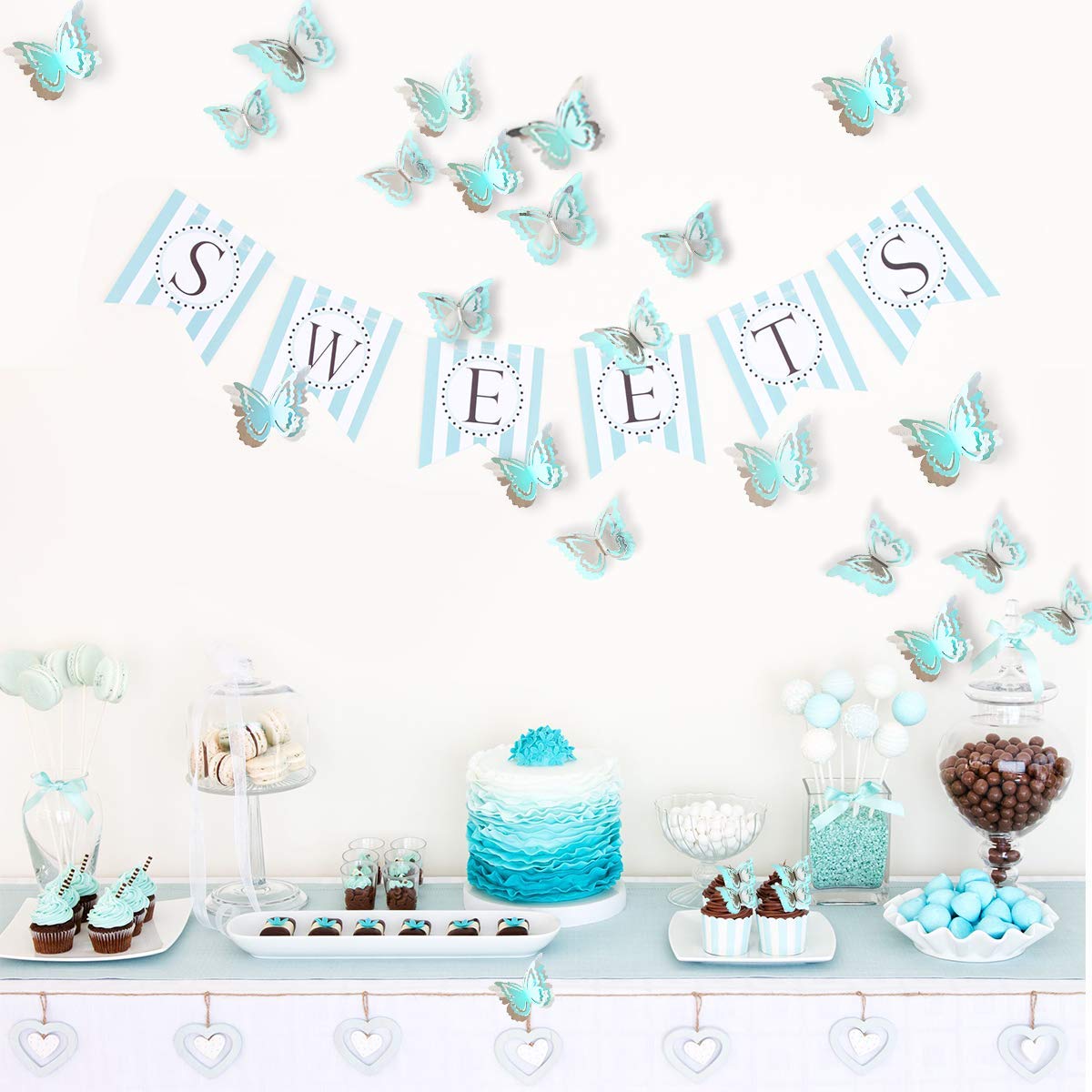 Pinkblume Silver Blue Butterfly Decorations Stickers 27PCS