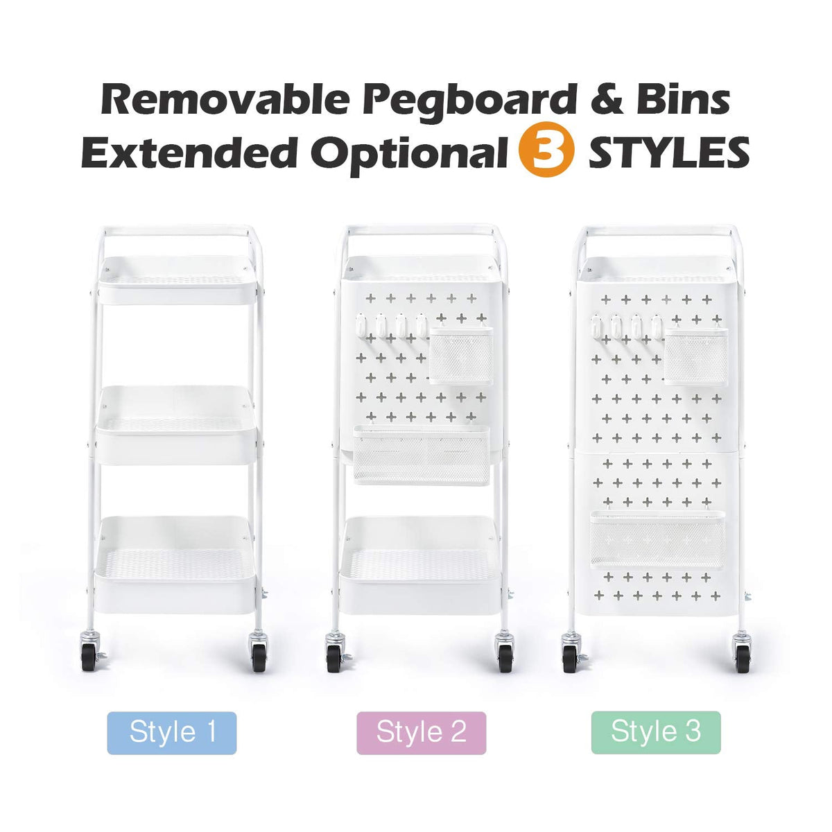 White 3-Tier Pegboard Utility Cart with Bins & Hooks