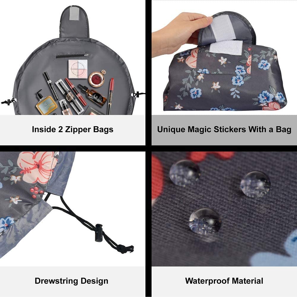 Portable Lazy Drawstring Makeup Bag Travel Cosmetic Bag Pouch Toiletry Organizer Waterproof Large for Women and Girls (Flower)