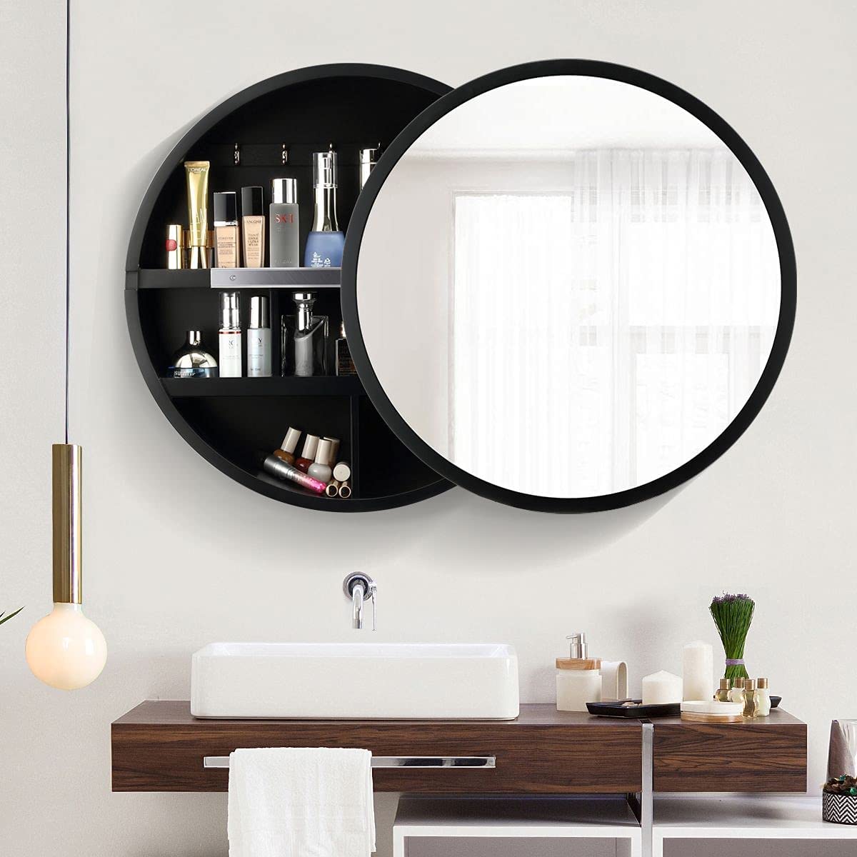Luxsuite Mirror Bathroom Cabinet Round Medicine Vanity Round Wall Mirrored Cupboard with Storage Sliding Door Black 60cm Diameter