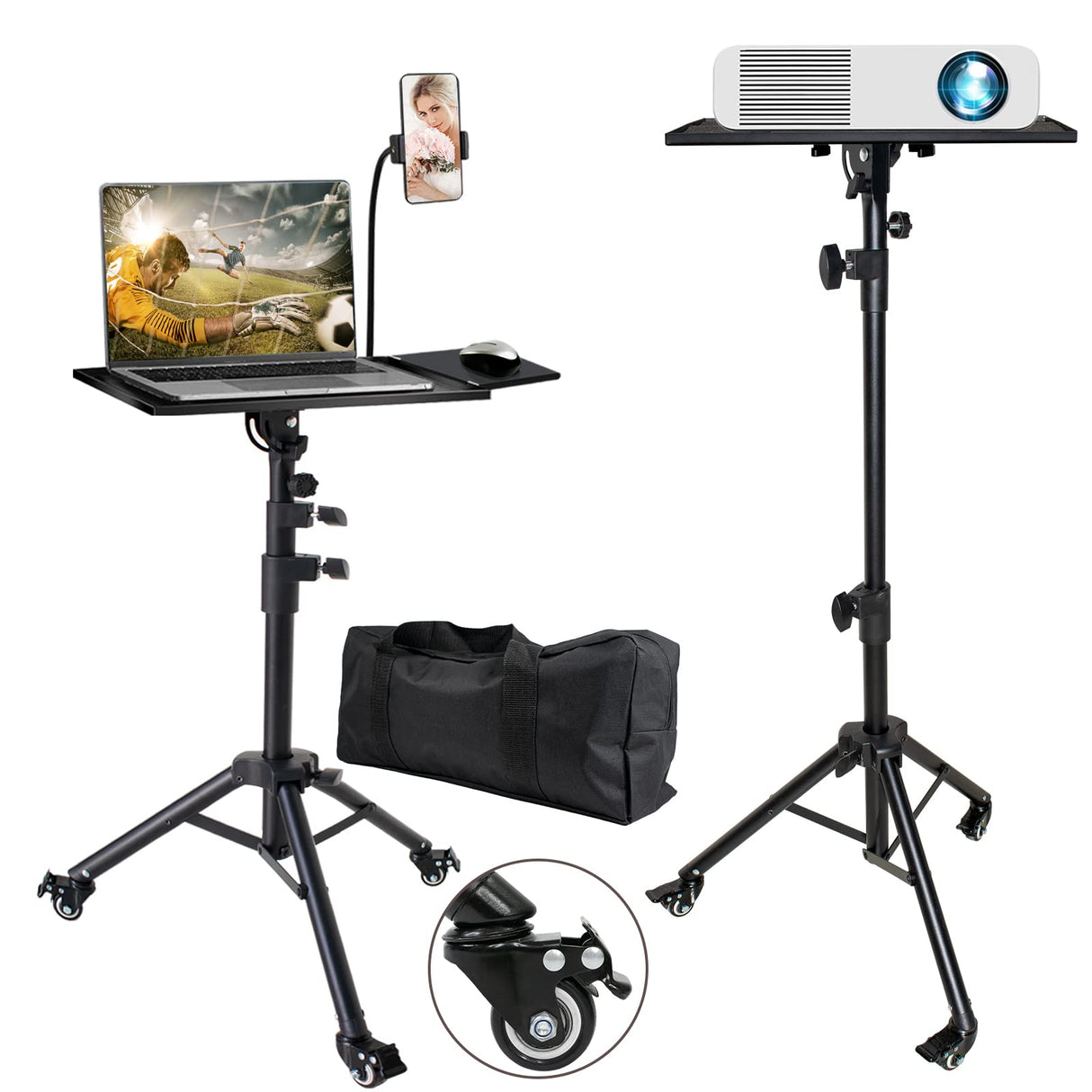 Universal Projector Stand Bracket with Wheels- - Laptop Tripod Adjustable Height 28.5 to 73 Inch with Removable Mouse Tray and Phone Holder, DJ Racks ,Outdoor Movies or Computer Desk Stand