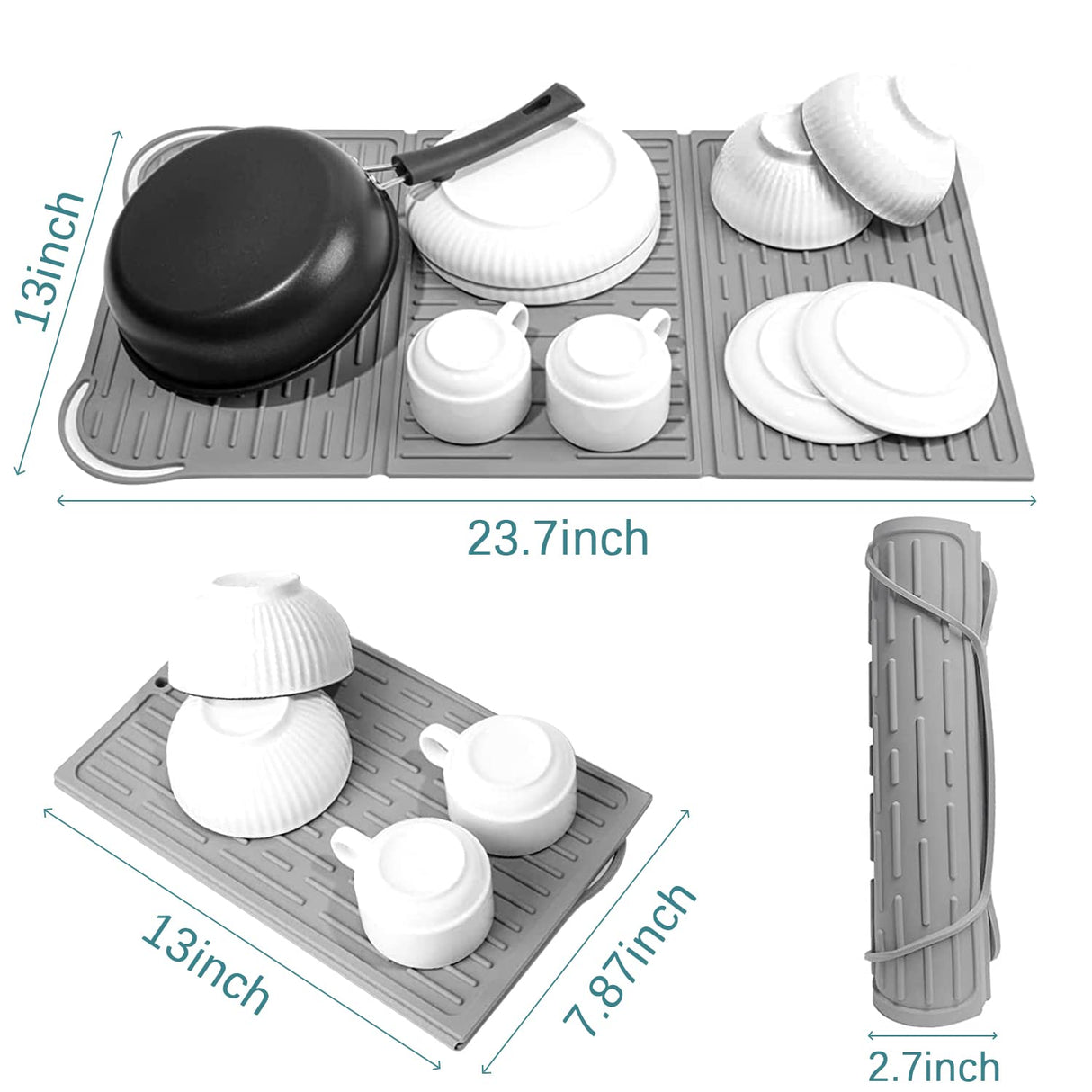Silicone Mat Dish Drying Mat Silicon Draining Mat Folding Dish Drying Mat Tri-fold Drying Mat Grey Anti-Skidding for Kitchen 24”x13”