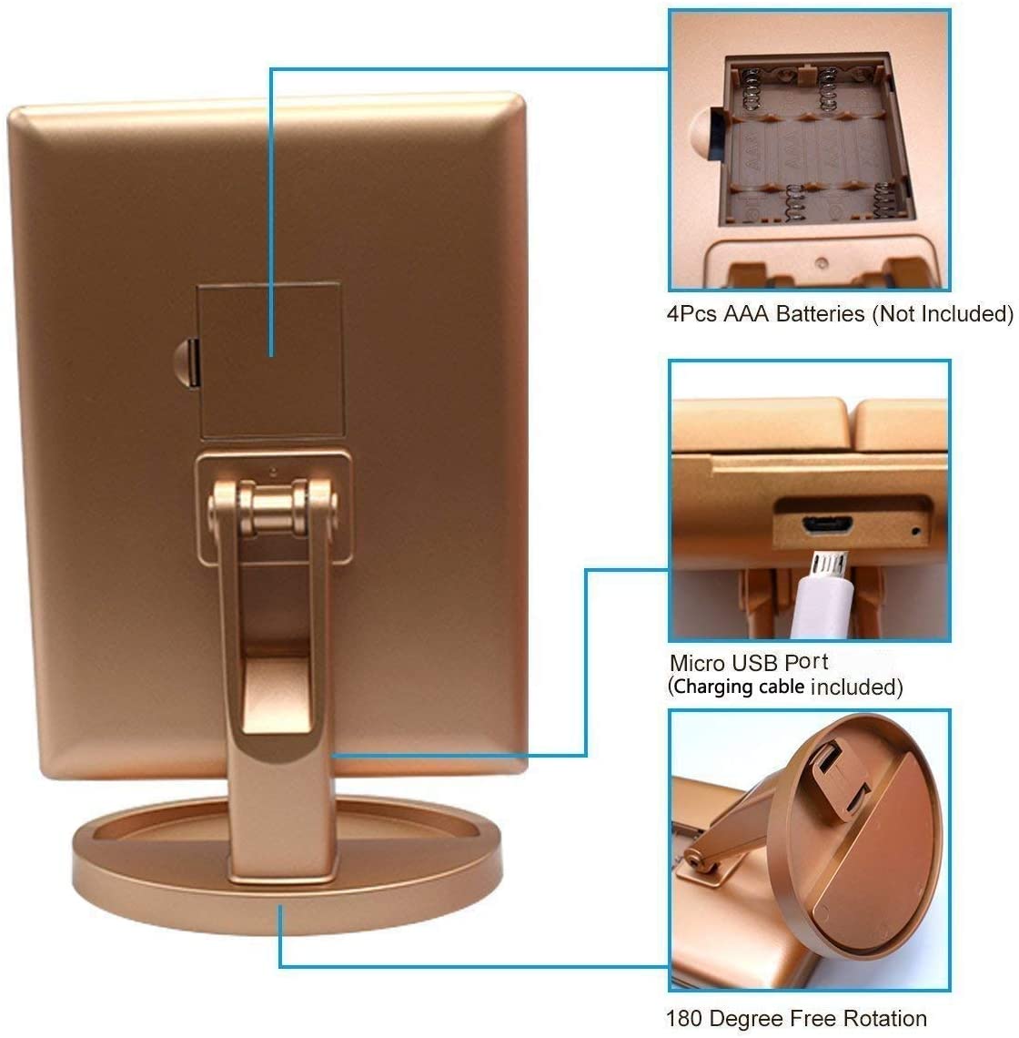 Tri-Fold Lighted Vanity Makeup Mirror with 21 LED Lights, Touch Screen and 3X/2X/1X Magnification Mirror, Two Power Supply Mode Tabletop Makeup Mirror, Travel Cosmetic Mirror (Gold)