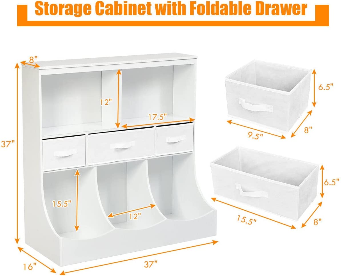 Kids Bookcase Cabinet, Storage Organizer for Toddlers w/2 Shelves, 3 Bins & 3 Removable Drawers, Kids Shelf Freestanding Storage Unit for Children’s Bedroom Playroom, Kindergarten (White)