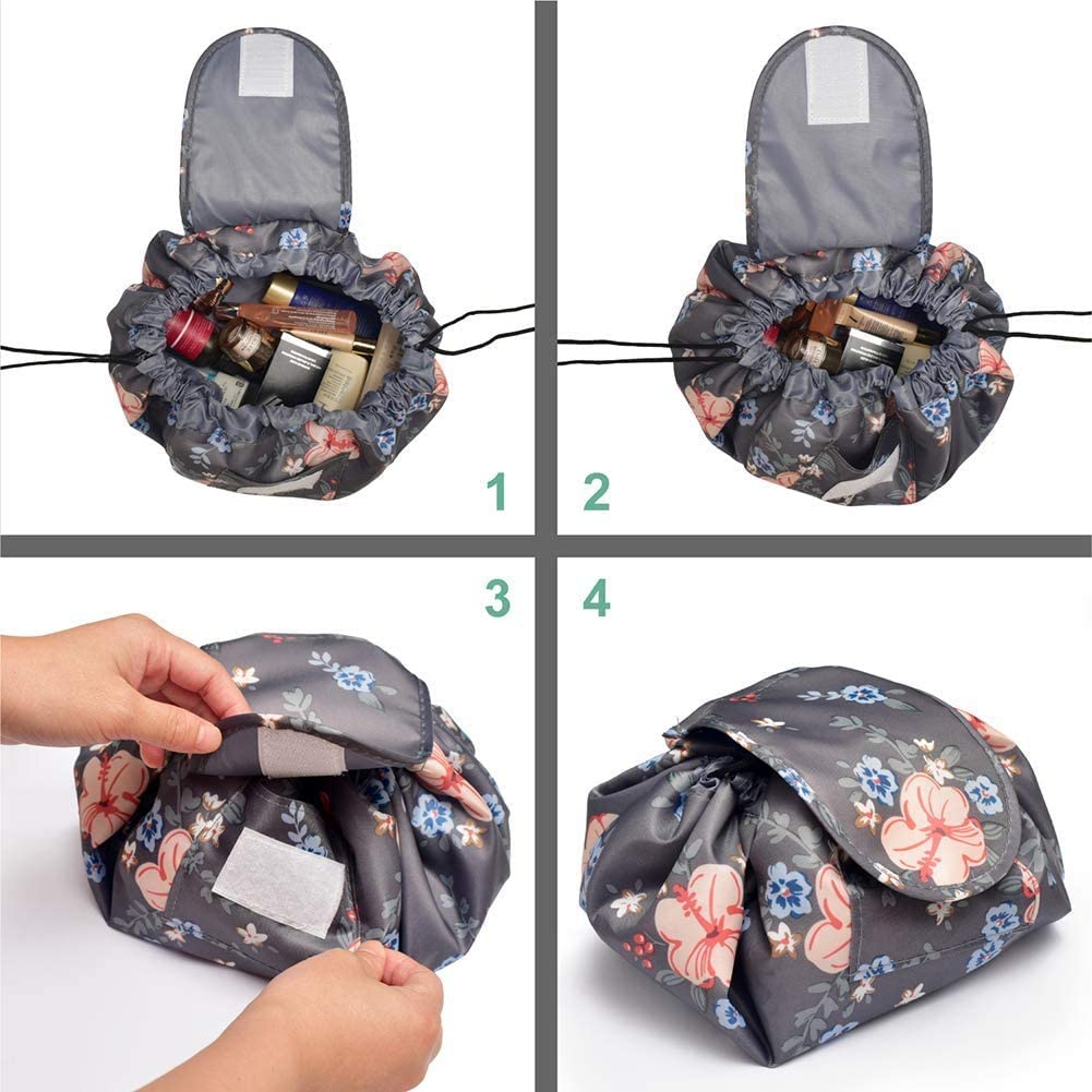 Portable Lazy Drawstring Makeup Bag Travel Cosmetic Bag Pouch Toiletry Organizer Waterproof Large for Women and Girls (Flower)