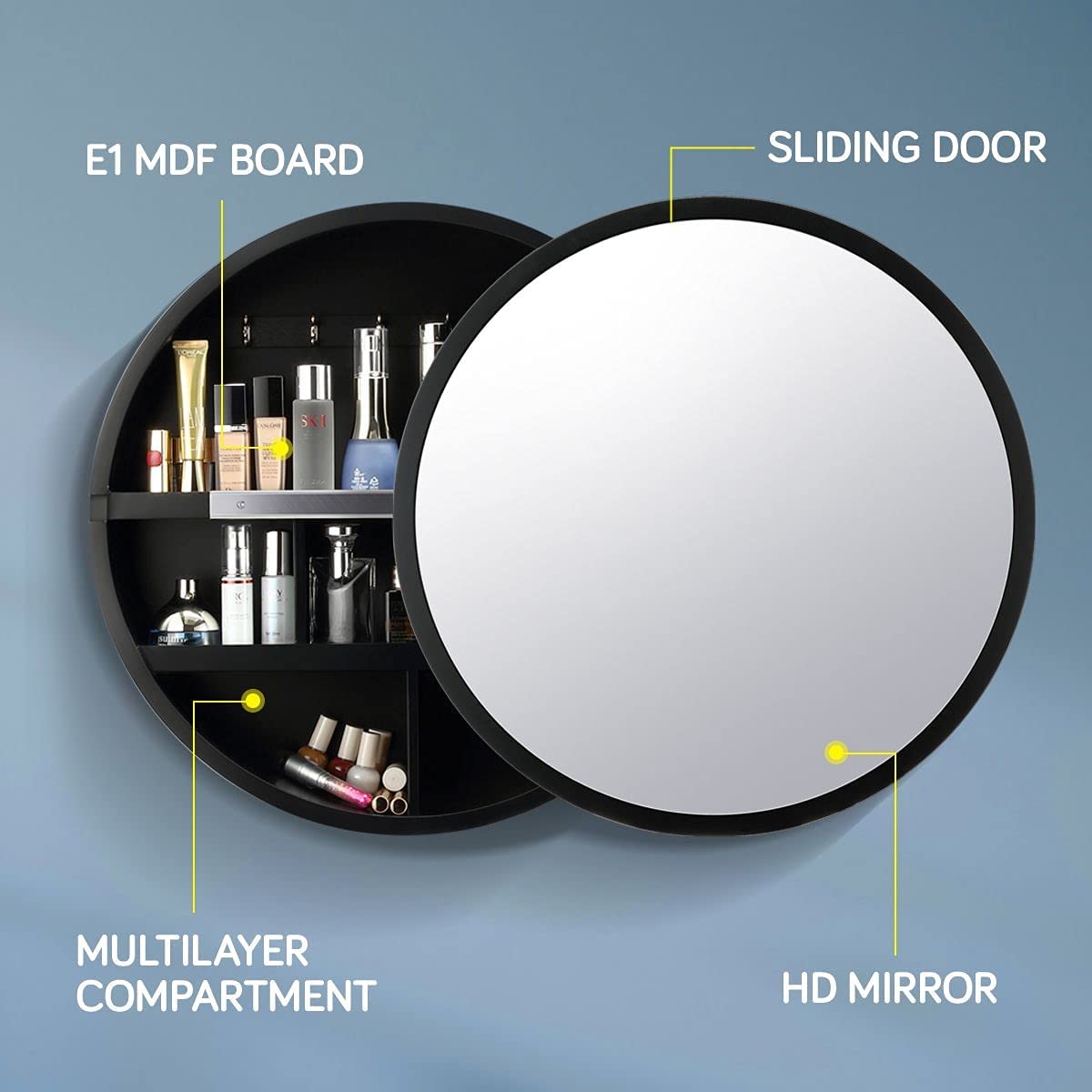 Luxsuite Mirror Bathroom Cabinet Round Medicine Vanity Round Wall Mirrored Cupboard with Storage Sliding Door Black 60cm Diameter