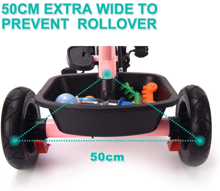 Pink Push Along Tricycle Baby Toddler Trike Bike 3 Wheel Ride On Toy Children Infant Parent Handle Comfortable Seat Large Foldable Pedal