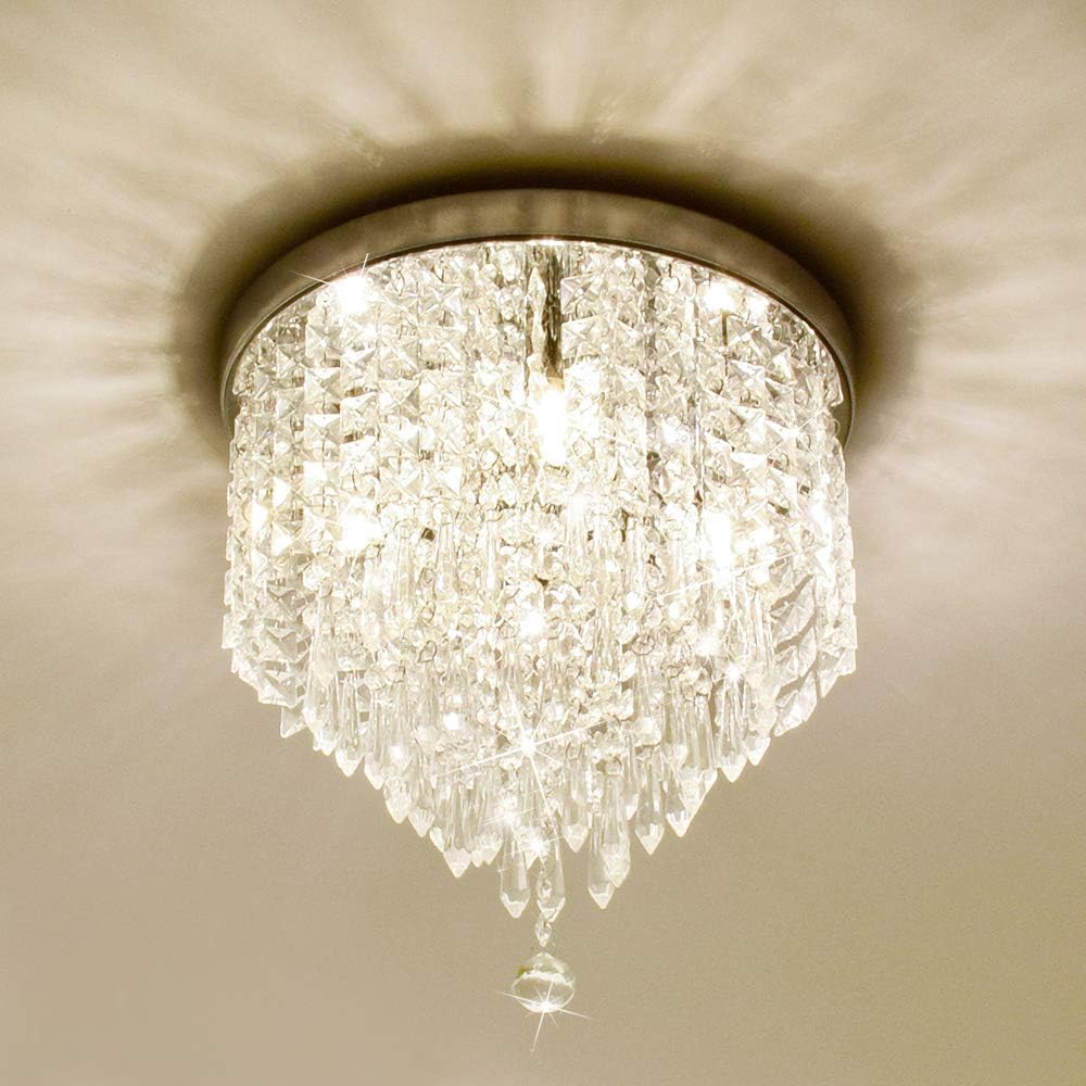 Mini Crystal Ceiling Light, 4-Light LED Crystal Chandelier Light Fixture, H 31CM x W 30CM Flush Mount Crystal Ceiling Lamp for Bedroom, Hallway, Kitchen, Living Room (Bulbs Not Included)