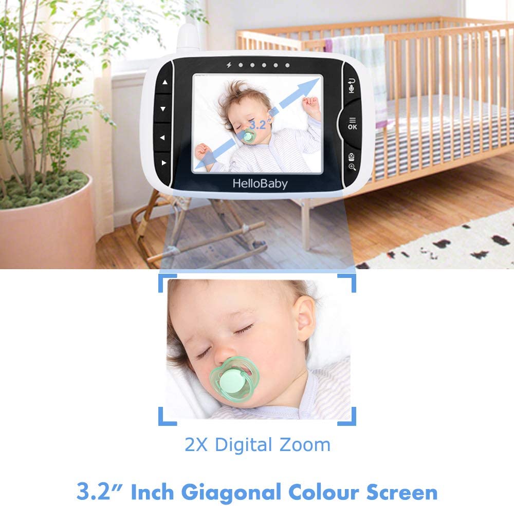 Wireless Baby Monitor with Camera and Audio,3.2’Screen, 2.4Ghz Video Monitor with Night Vision, Temperature Display, Lullabies, 960ft Range ,High Capacity Battery