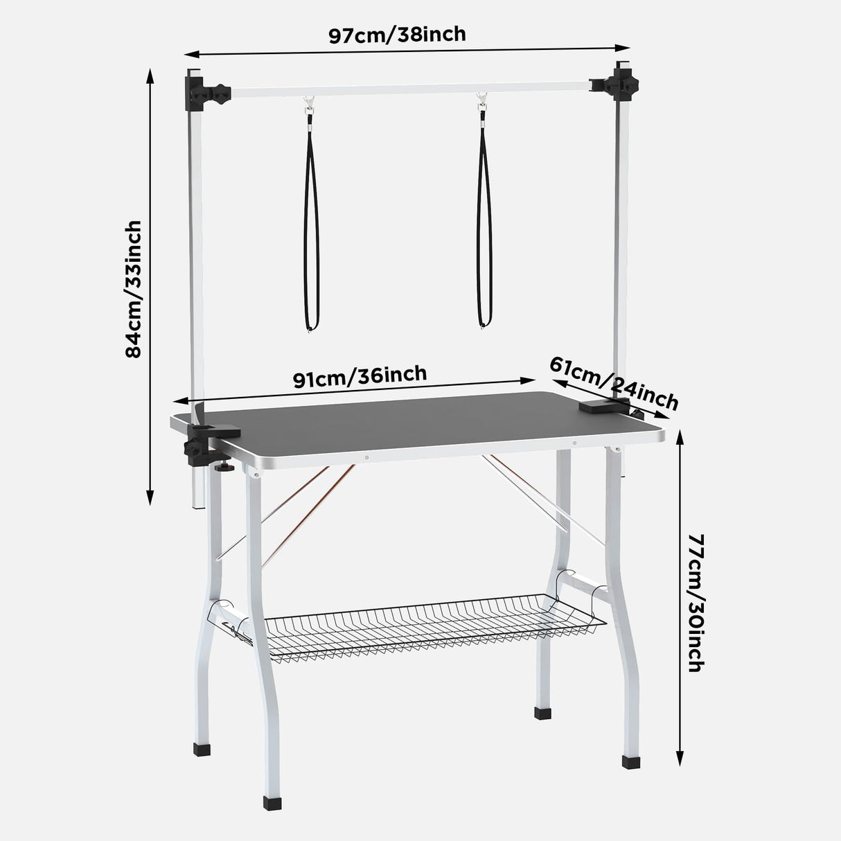 Pet Dog Grooming Table, Folding Height Adjustable Arm Table 91cm Double Pole Anti Slip Rubber W/Basket