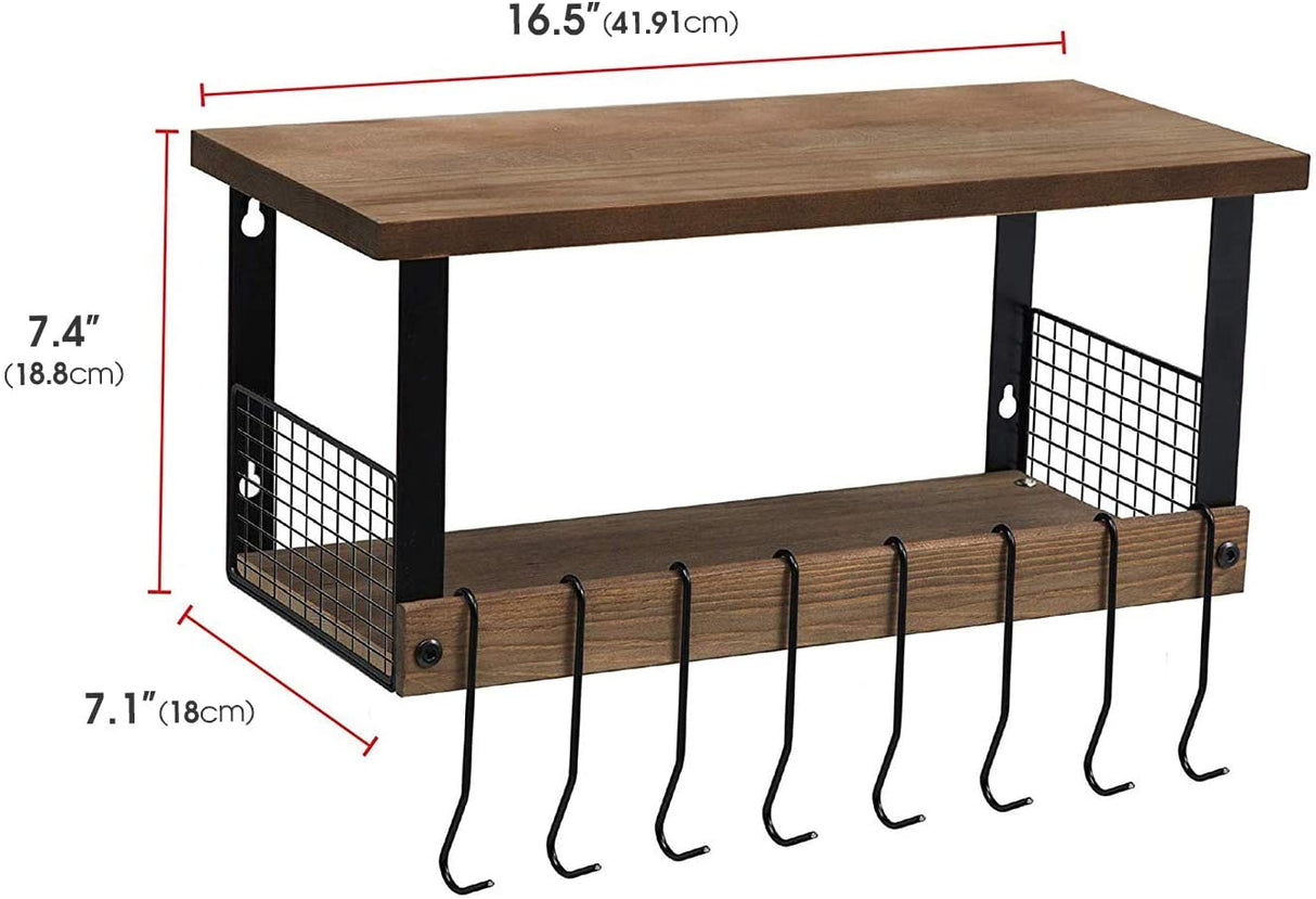 Rustic Torched Wood Kitchen Storage Shelf Wall Mount Organizer Stand with 8 Hanging Removable Hooks and 2 Shelves