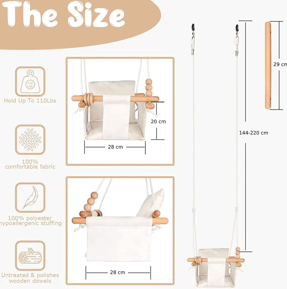 Baby Swing, Baby Seat Swing Canvas, Wooden Hanging Swing Chair for Baby with Safety Belt and Mounting Hardware (White)