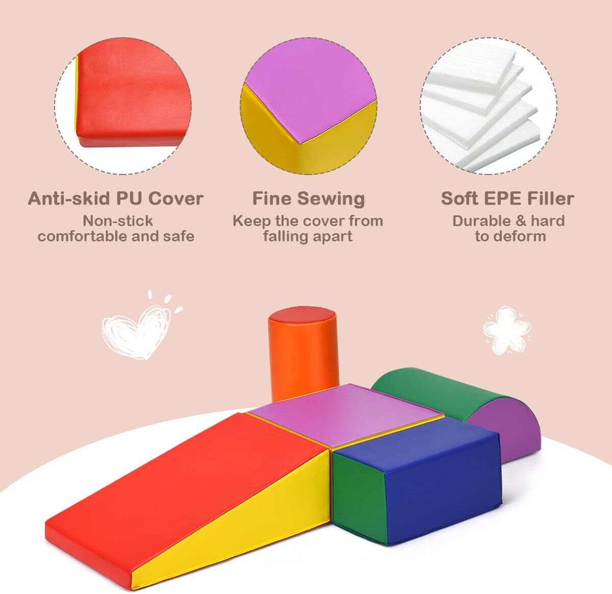 5PCS Kids Crawl & Climb Foam Play Set, Colorful Baby Foam Blocks to Crawling, Climbing, Walking, Children Educational Soft Play Equipment for Toddlers