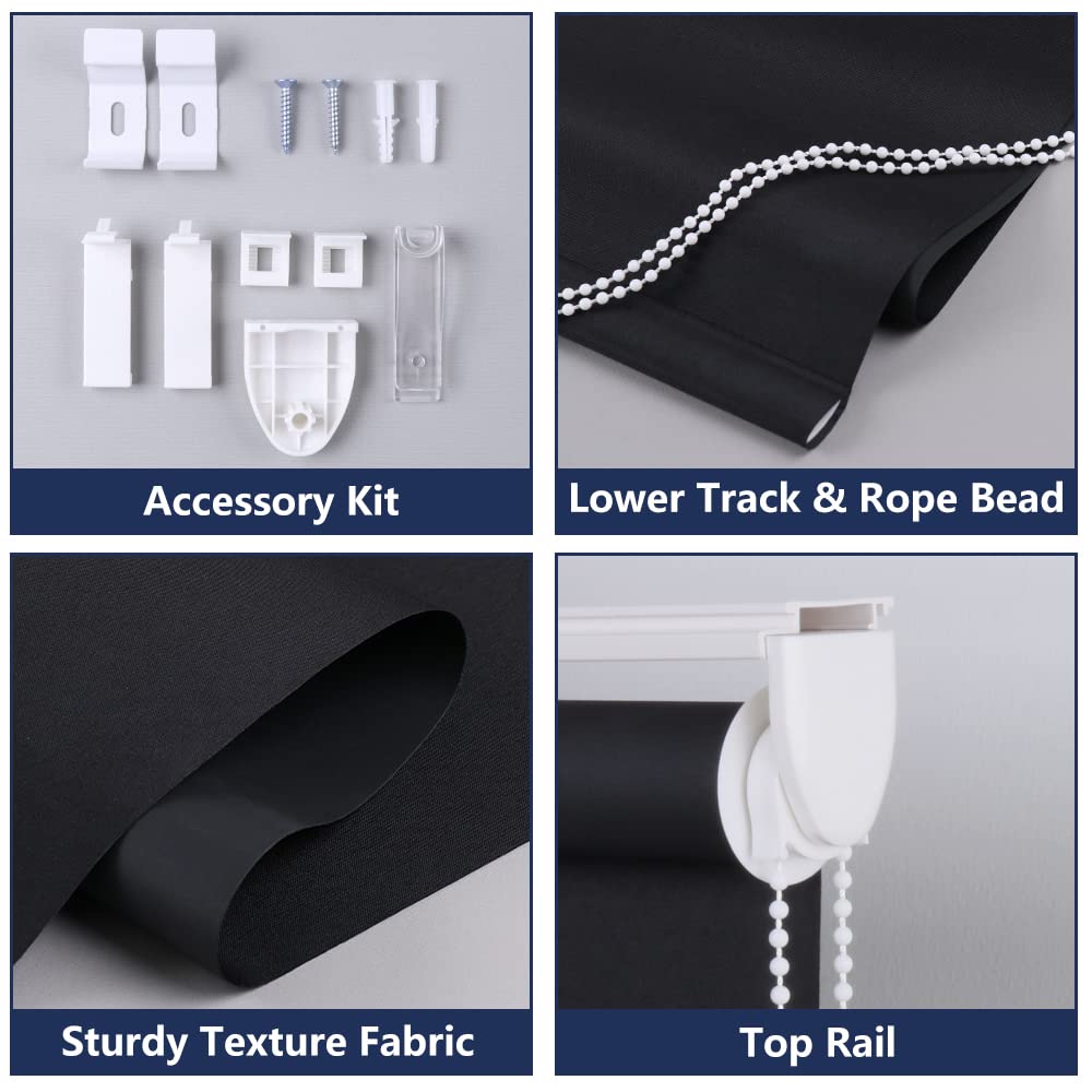 Blackout Roller Blinds for Windows, Thermal Fabric Window Blinds, Waterproof Roller Blinds for Office, Bedroom, Bathroom, 51 x 200 cm, Black