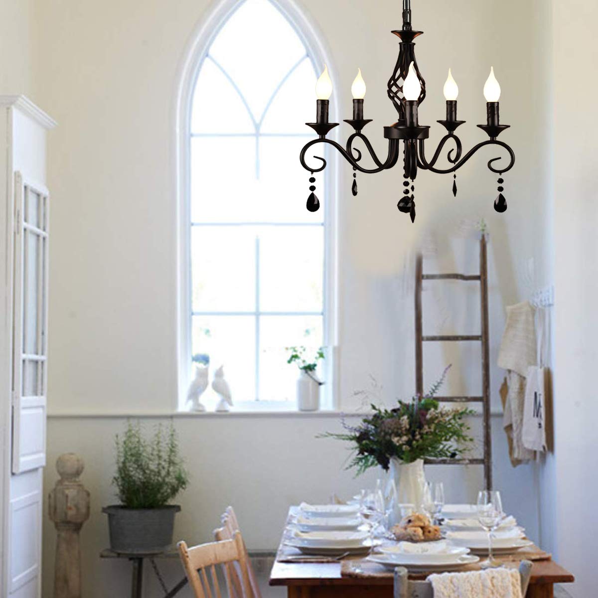 French Country Chandeliers, 5 Lights Black Crystal Candle Chandelier, Industrial Vintage Pendant Light Fixture Hanging Light for Island Kitchen Dining Room Farmhouse