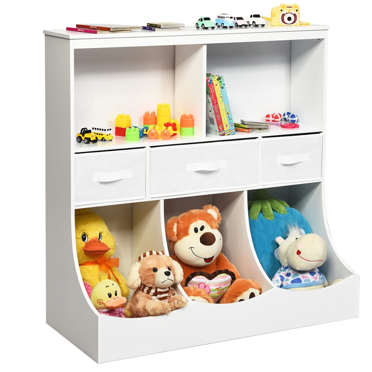 Kids Bookcase Cabinet, Storage Organizer for Toddlers w/2 Shelves, 3 Bins & 3 Removable Drawers, Kids Shelf Freestanding Storage Unit for Children’s Bedroom Playroom, Kindergarten (White)