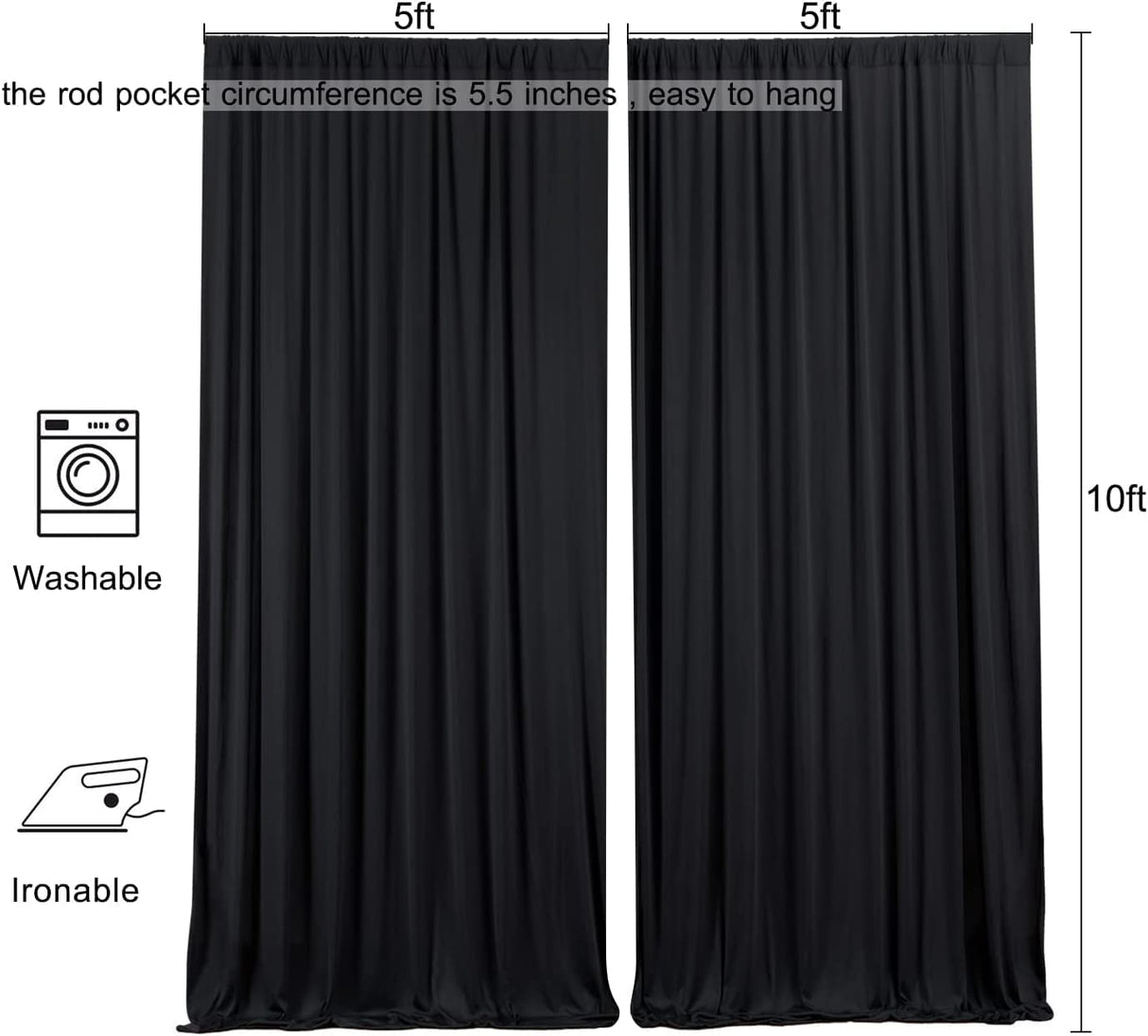 10 feet x 10 feet Polyester Backdrop Drapes Curtains Panels with Rod Pockets - Wedding Ceremony Party Home Window Decorations - Black