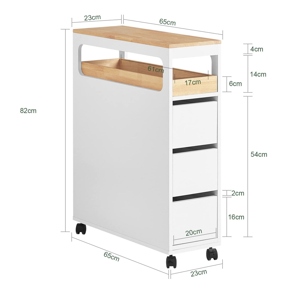 Storage Cart Narrow Cabinet on Wheels Storage Cabinet with 1 Removable Tray and 3 Drawers
