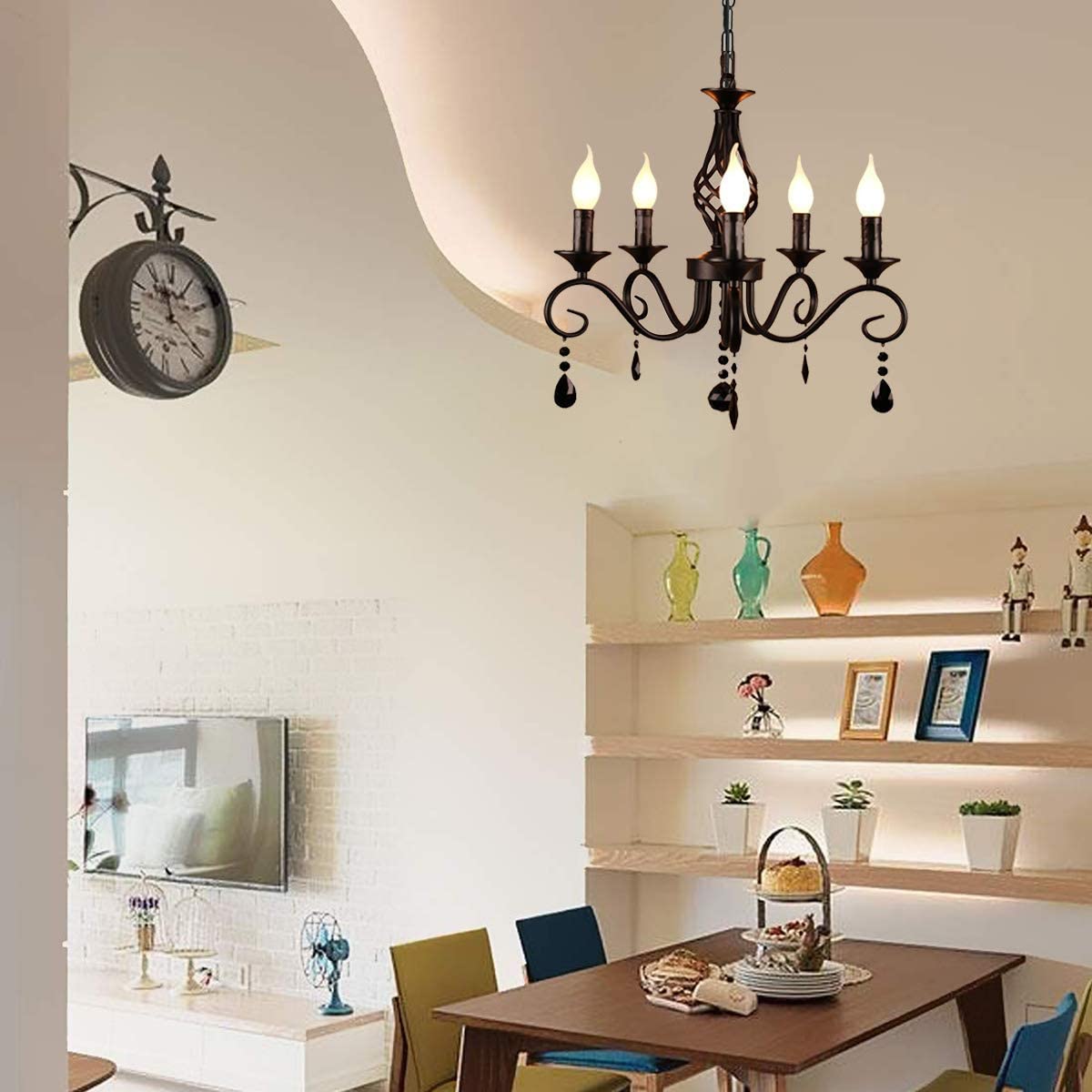 French Country Chandeliers, 5 Lights Black Crystal Candle Chandelier, Industrial Vintage Pendant Light Fixture Hanging Light for Island Kitchen Dining Room Farmhouse