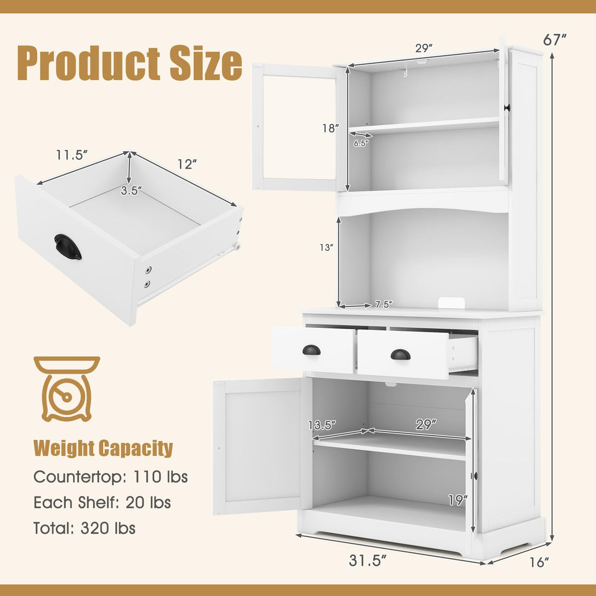 Tall Storage Cabinet, Freestanding Kitchen Pantry w/Microwave Stand & 2 Drawers, Adjustable Shelves, Tempered Glass Doors, Cable Hole for Living Room, Dining Room (White)
