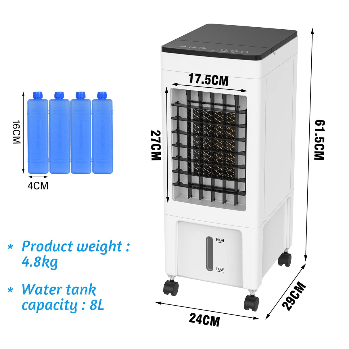 8L Evaporative Air Cooler, 3 in1 Portable Air Cooler Air Conditioner Fan 3 Speeds, w/Remote & 4 Ice Box, White