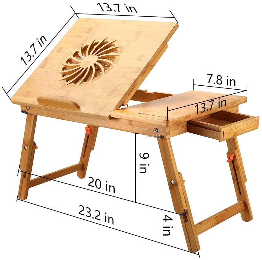 Laptop Desk Adjustable Laptop Desk Table 100% Bamboo with USB Fan Foldable Breakfast Serving Bed Tray w' Drawer