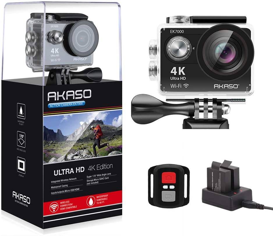 4K Wi-Fi Sports Action Camera Ultra HD Waterproof DV Camcorder 12MP 170 Degree Wide Angle LCD Screen/Remote, Sage/Silver (EK7000SL)