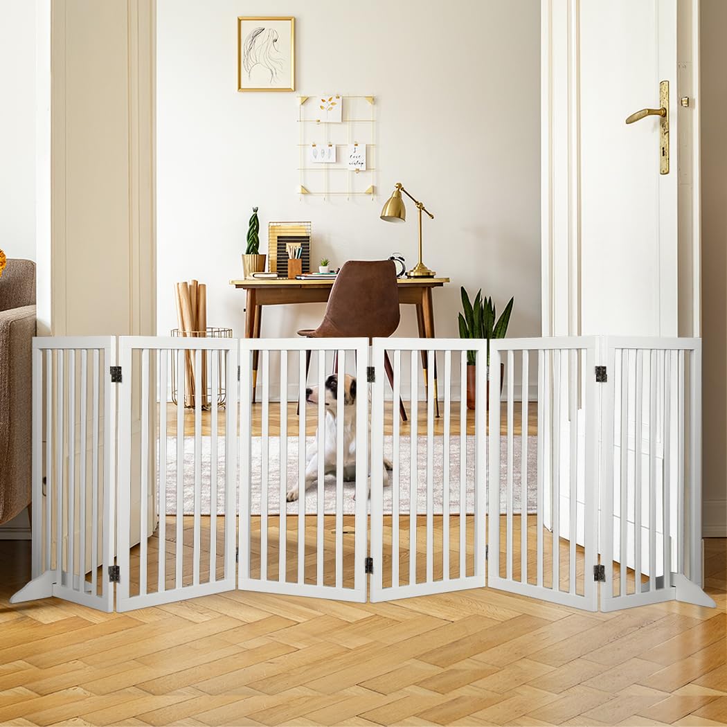 Wooden Pet Gate Dog Fence Retractable Safety Stair Barrier Security Door (White Large-282cm x 80cm x 1.8cm)