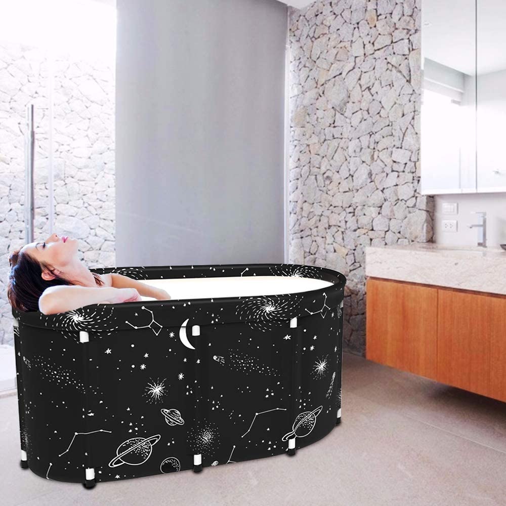 Portable Bathtub Foldable Soaking Bath Tub Thickening to Keep Temperature, Freestanding Bathtub for Adults, Home Bathroom Spa Hot Ice Bath Easy to Install, 43"x 25"x 20", Black