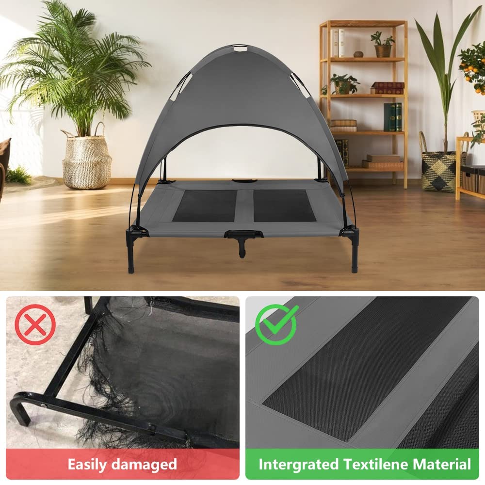 Outdoor Dog Bed with Canopy, Outside Portable Cooling Raised Pet Cot for Dogs and Cats, Grey Large