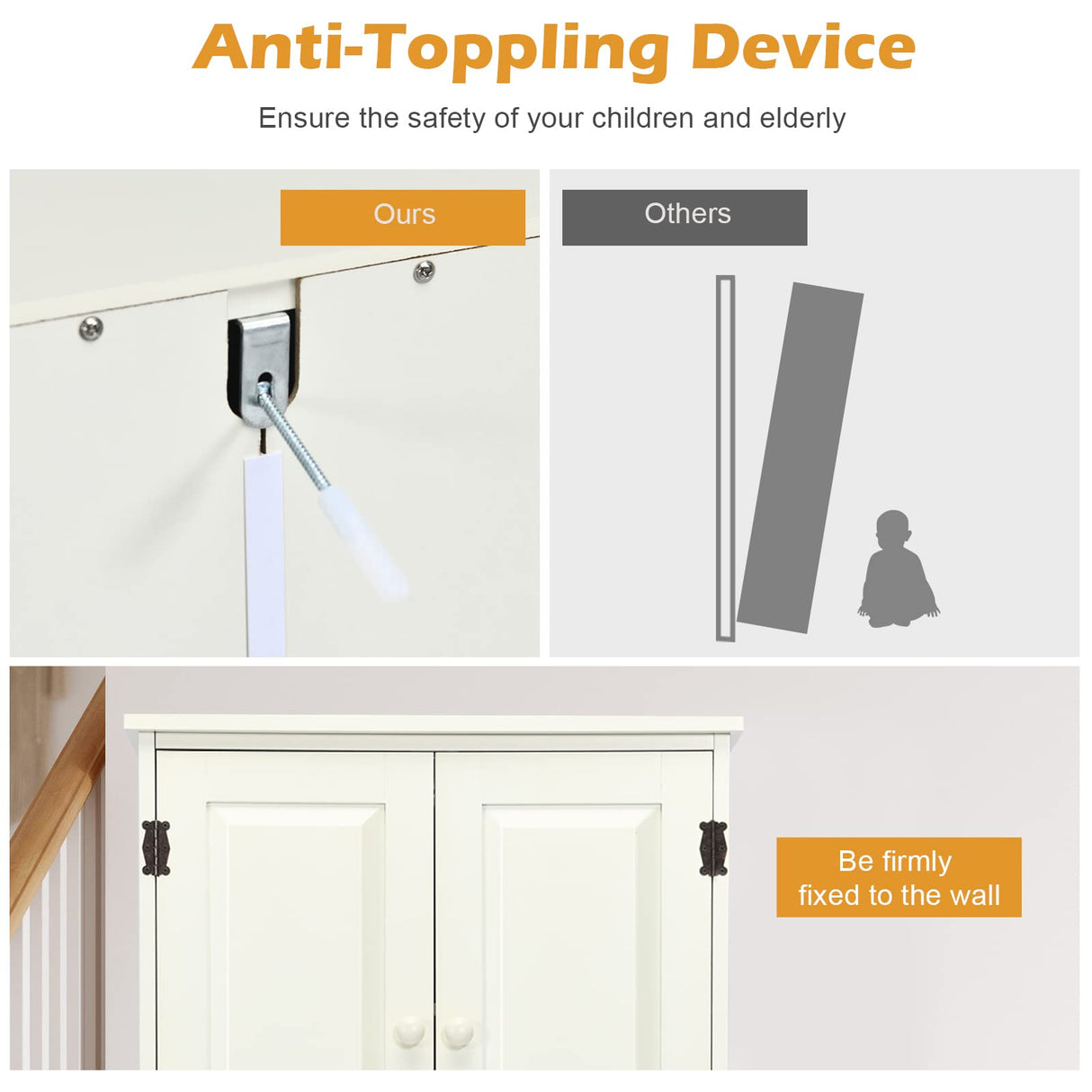 Freestanding Storage Cabinet, Antique Low Floor Cabinet, Pantry Cabinet Wooden Cupboard Organizer w/Adjustable Shelf & Anti-Tilt Design, for Living Room Bedroom Bathroom